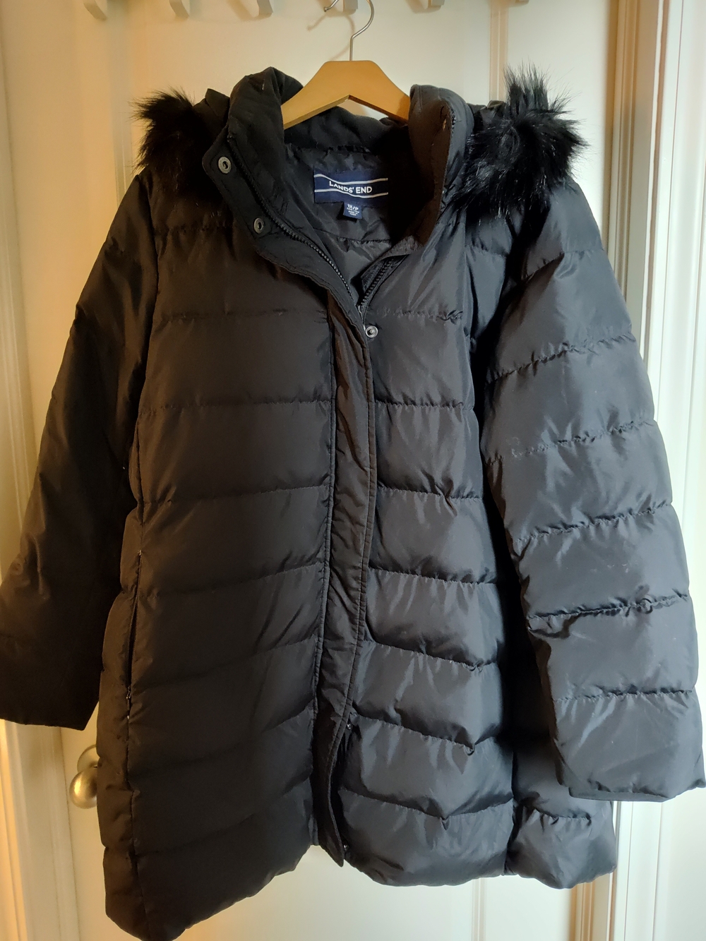 Lands' End Black Puffer Coat with Faux Fur Hood
